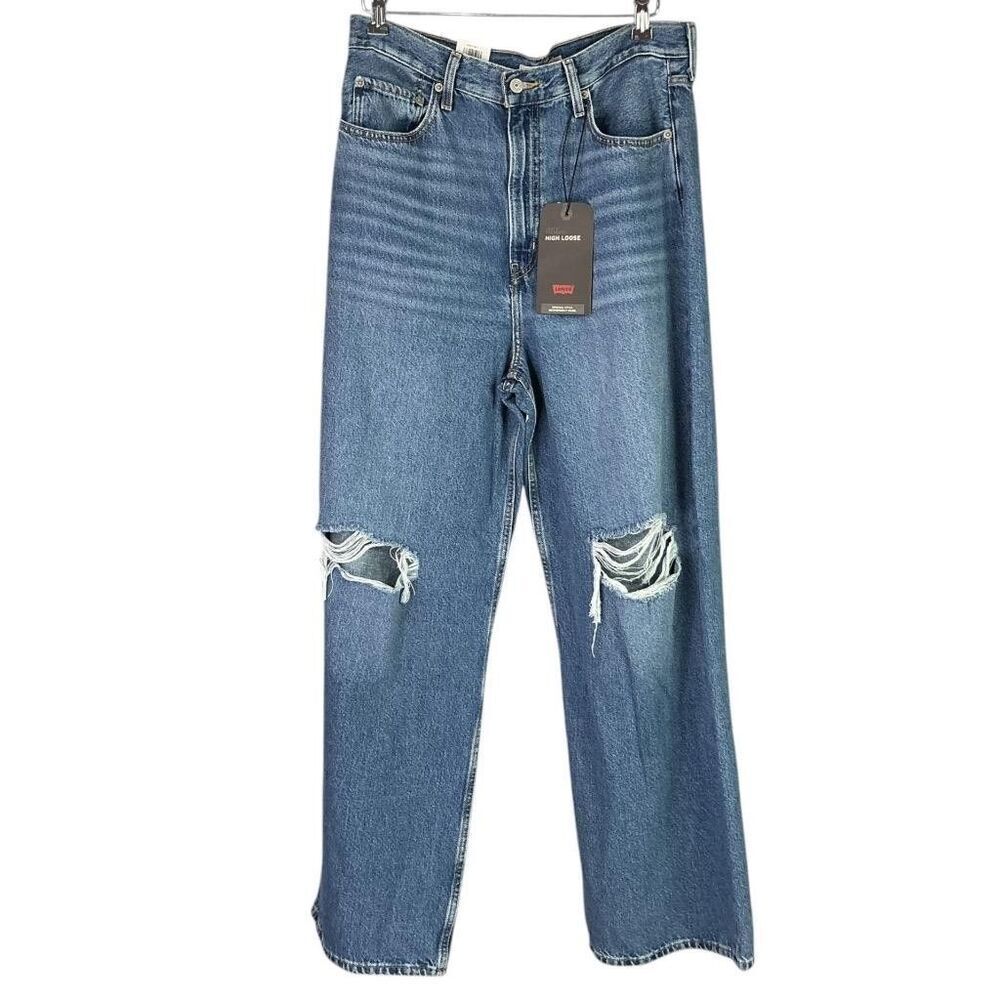Levis Premium Jeans Womens 31 Blue High Loose Distressed Straight Wide Leg NEW